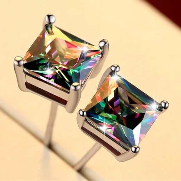Mystic Rainbow Topaz 3.50CT Princess Cut Earring Pair, 925 Sterling Silver - Picture 5 of 7